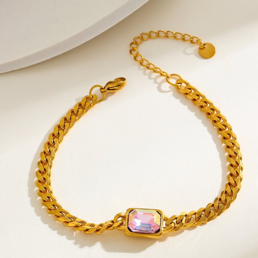 18K Gold Plated  Irisdescent Resin Crystal Chain Bracelet, Stainless Steel